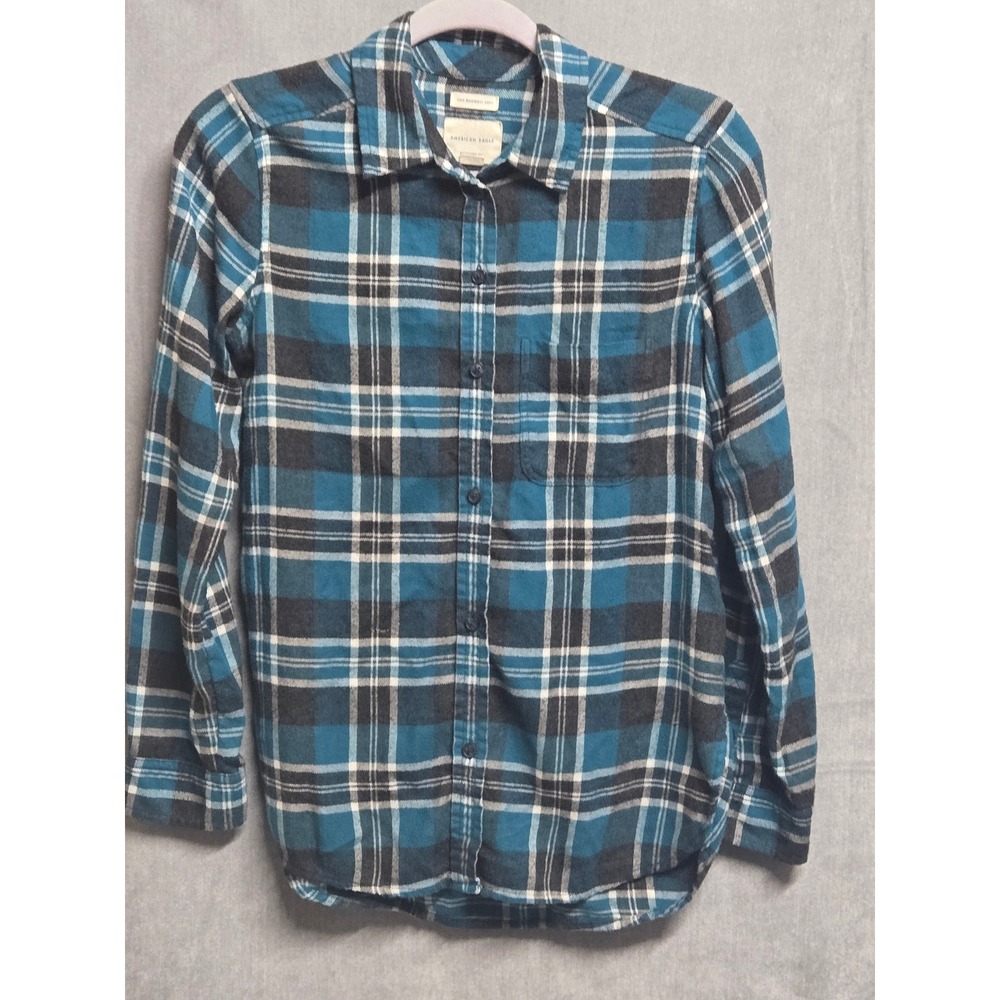American Eagle Boyfriend Fit Flannel Shirt Blue Black Plaid Button Down XS